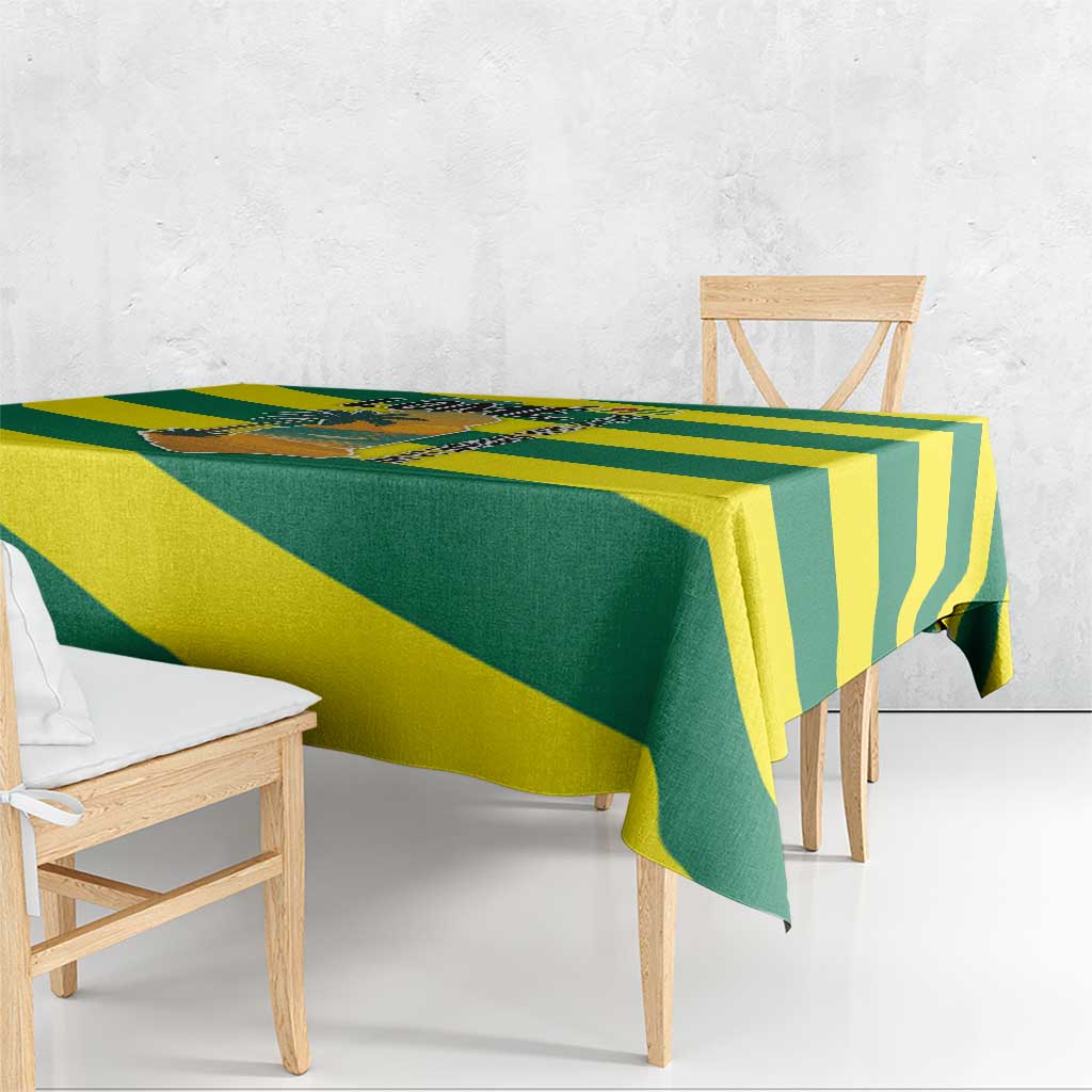 Rectangular green and yellow striped tablecloth with palm and sunset beach print