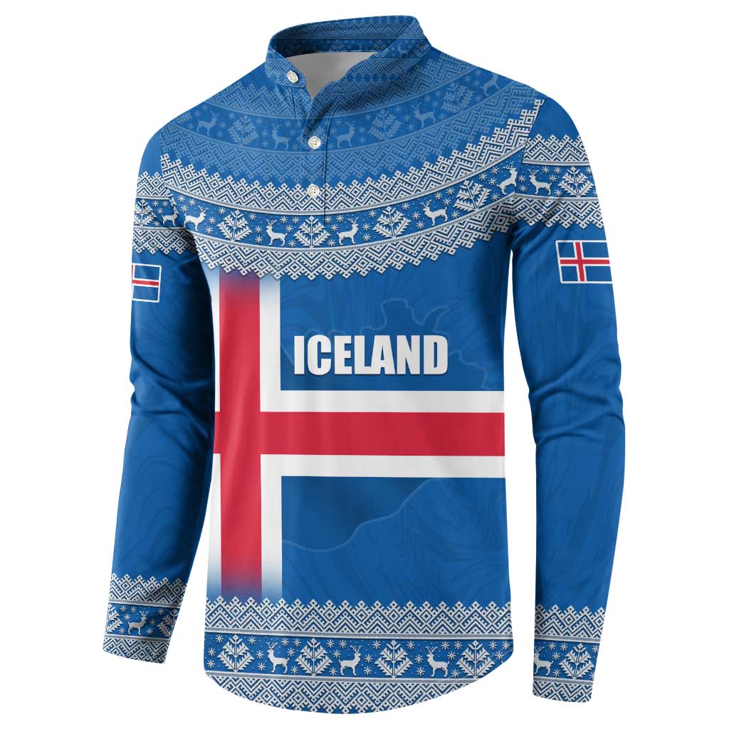 Iceland Flag Button Sweatshirt with Icelandic Crest and Traditional Nordic Knit Pattern Design