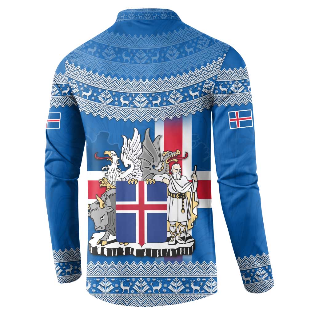 Iceland Flag Button Sweatshirt with Icelandic Crest and Traditional Nordic Knit Pattern Design