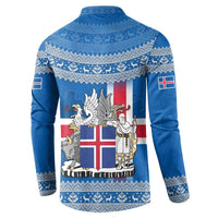 Iceland Flag Button Sweatshirt with Icelandic Crest and Traditional Nordic Knit Pattern Design