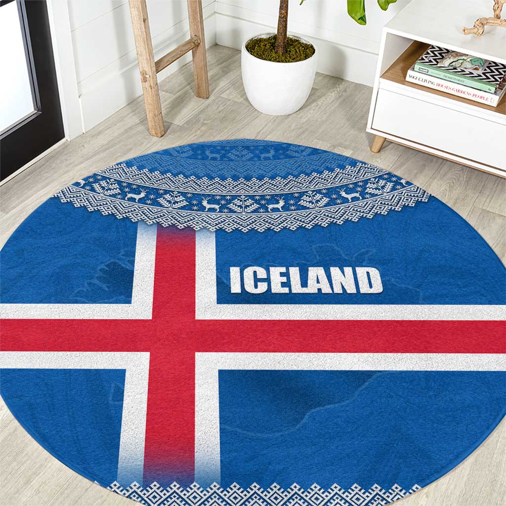 Round blue Iceland flag rug with red cross and ICE LAND lettering, Nordic knit edge