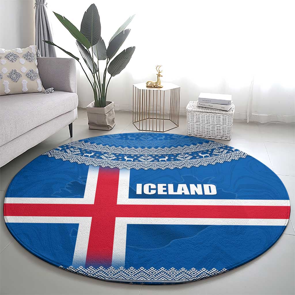 Round Iceland flag rug with red cross and ICE LAND lettering, Nordic knit border