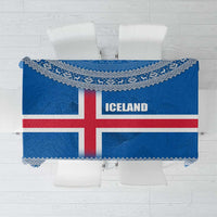 Iceland flag tablecloth in blue with red cross, Nordic knit pattern, crest detail