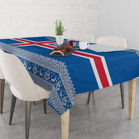 Blue Iceland flag tablecloth with red cross, geometric Nordic knit pattern and reindeer motif