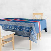 Blue Iceland flag tablecloth with red cross, Nordic knit band, and patterned corner edge