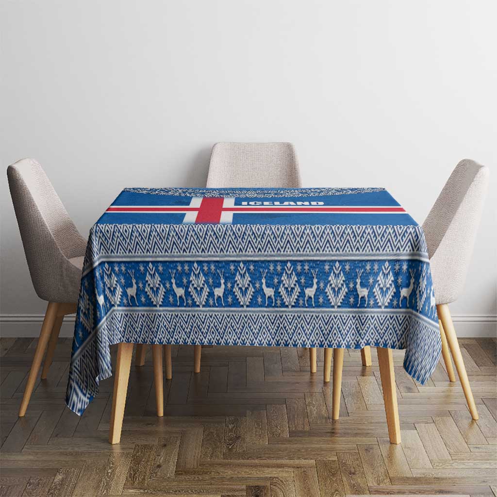 Blue Iceland flag tablecloth with centered red cross and repeating Nordic knit border