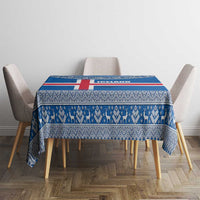 Blue Iceland flag tablecloth with centered red cross and repeating Nordic knit border