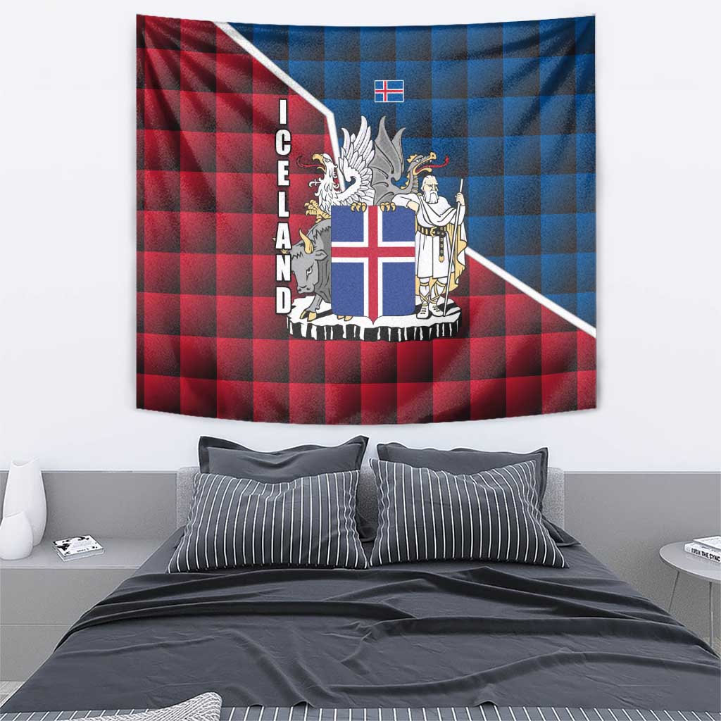Iceland Crest Tapestry with Viking Dragon and Icelandic Flag Plaid Pattern - Wonder Print Shop