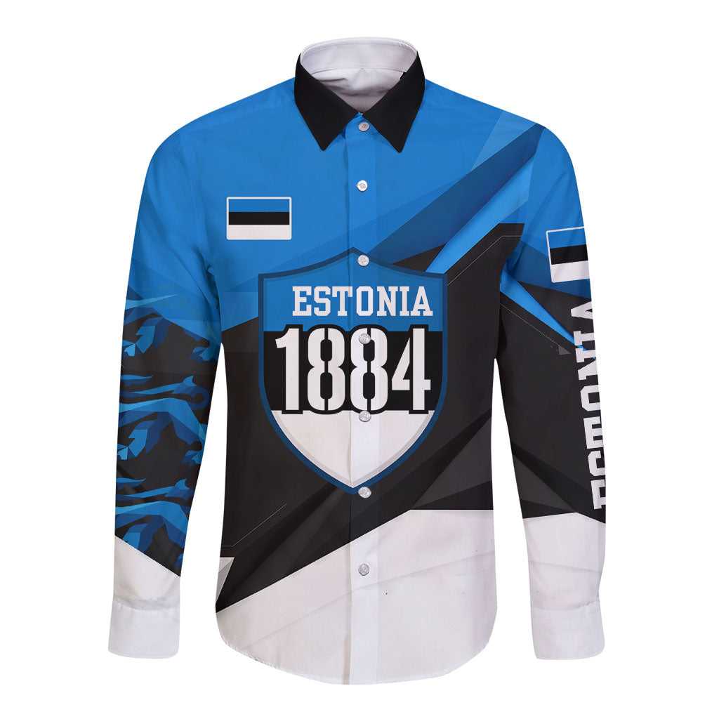 Estonia Flag 1884 Freedom Long Sleeve Button Shirt Geometric Lion Crest National Pride