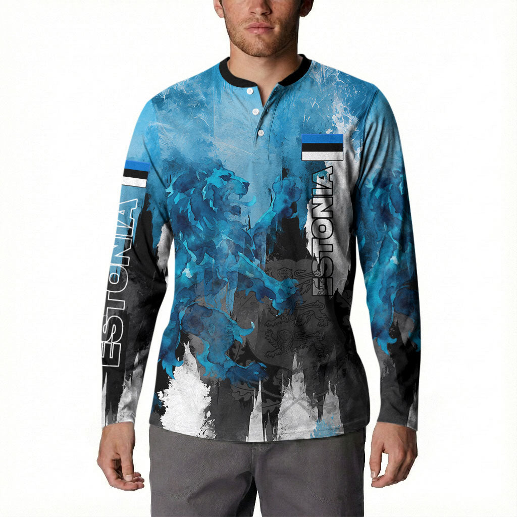 Estonia Elagu Eesti Lions Button Sweatshirt Watercolor Splash Flag Heraldic
