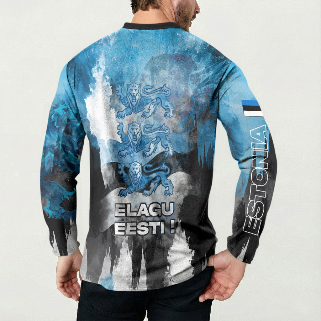 Estonia Elagu Eesti Lions Button Sweatshirt Watercolor Splash Flag Heraldic