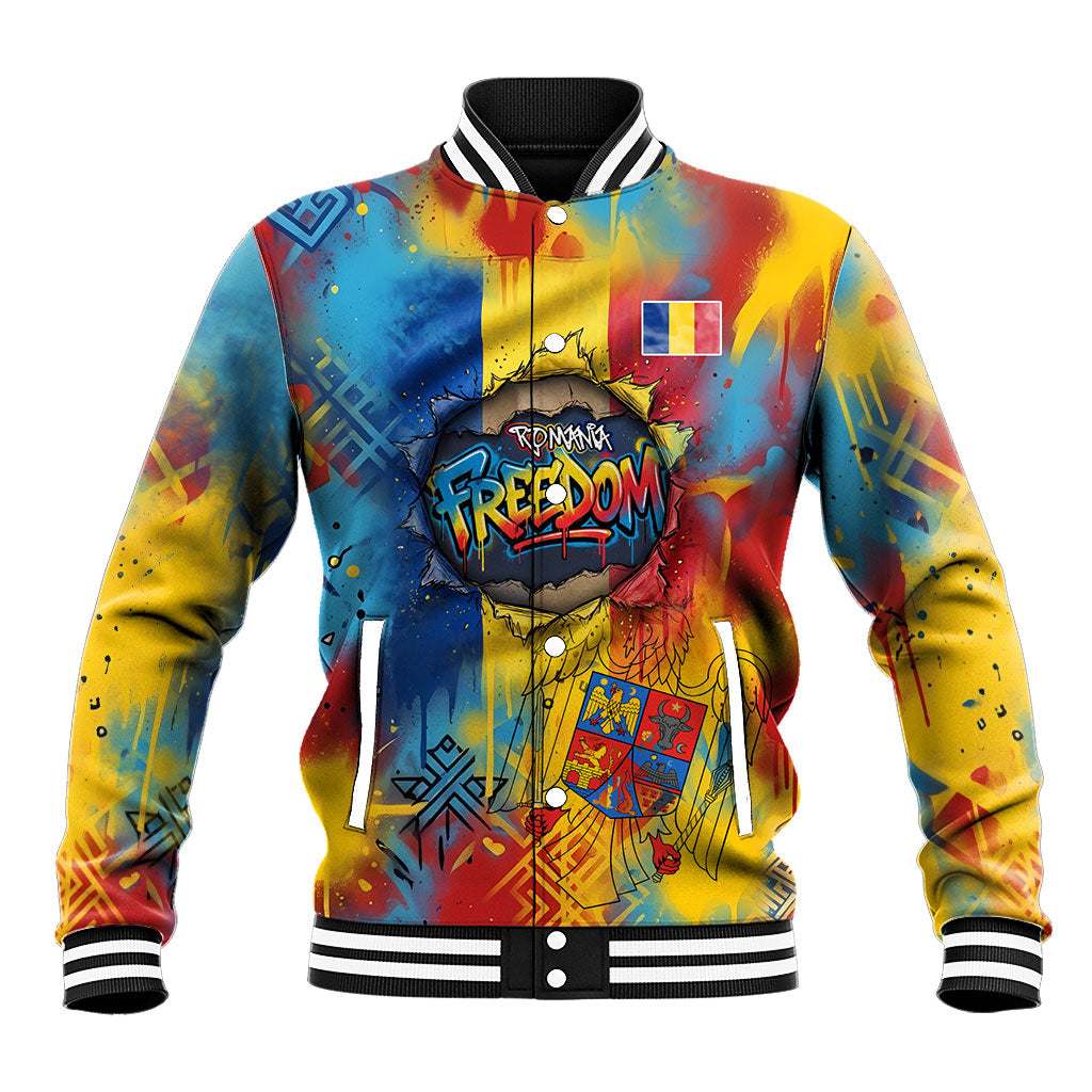 Romania Freedom Baseball Jacket Flag Day June 26 - Raised Fist - Graffiti Style