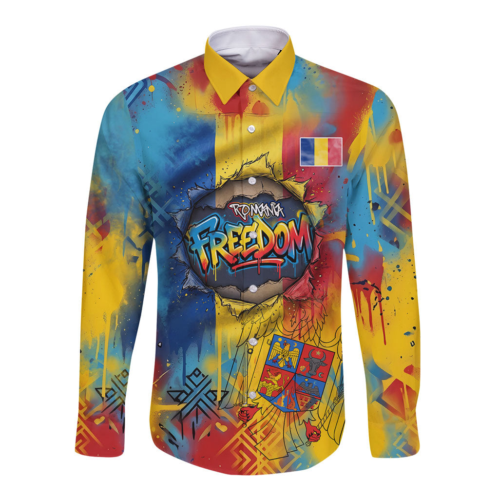 Romania Freedom Long Sleeve Button Shirt Flag Day June 26 - Raised Fist - Graffiti Style