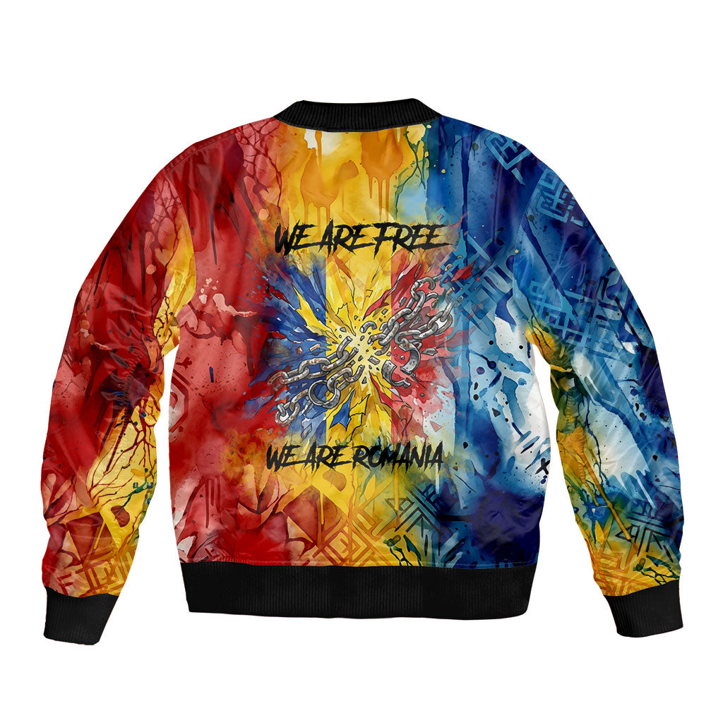 Romania We Are Free Eagle Bomber Jacket Romanian Flag Broken Chains - Watercolor Style