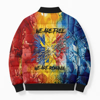Romania We Are Free Eagle Bomber Puffer Jacket Romanian Flag Broken Chains - Watercolor Style