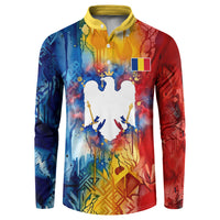 Romania We Are Free Eagle Button Sweatshirt Romanian Flag Broken Chains - Watercolor Style