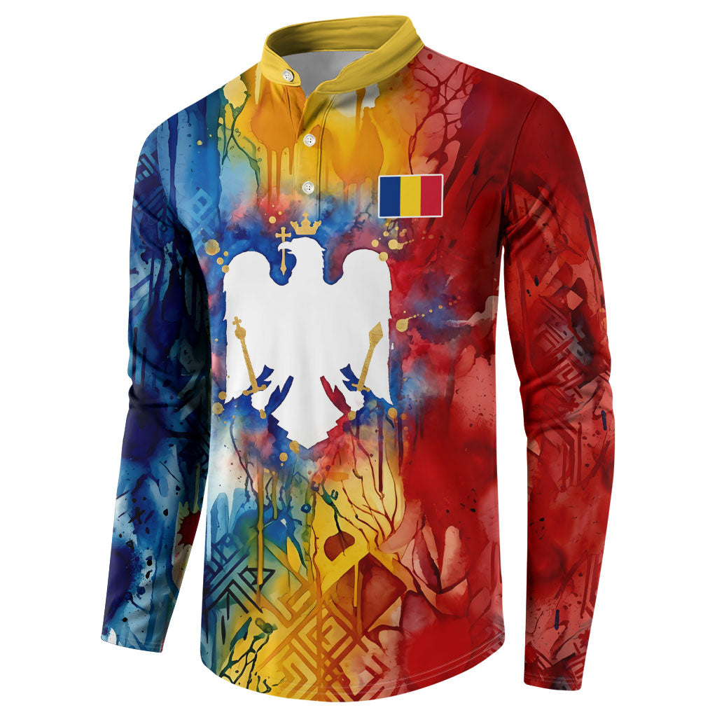 Romania We Are Free Eagle Button Sweatshirt Romanian Flag Broken Chains - Watercolor Style
