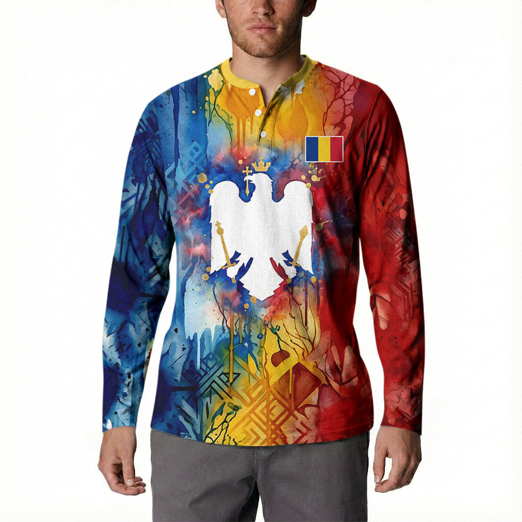 Romania We Are Free Eagle Button Sweatshirt Romanian Flag Broken Chains - Watercolor Style