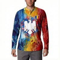 Romania We Are Free Eagle Button Sweatshirt Romanian Flag Broken Chains - Watercolor Style
