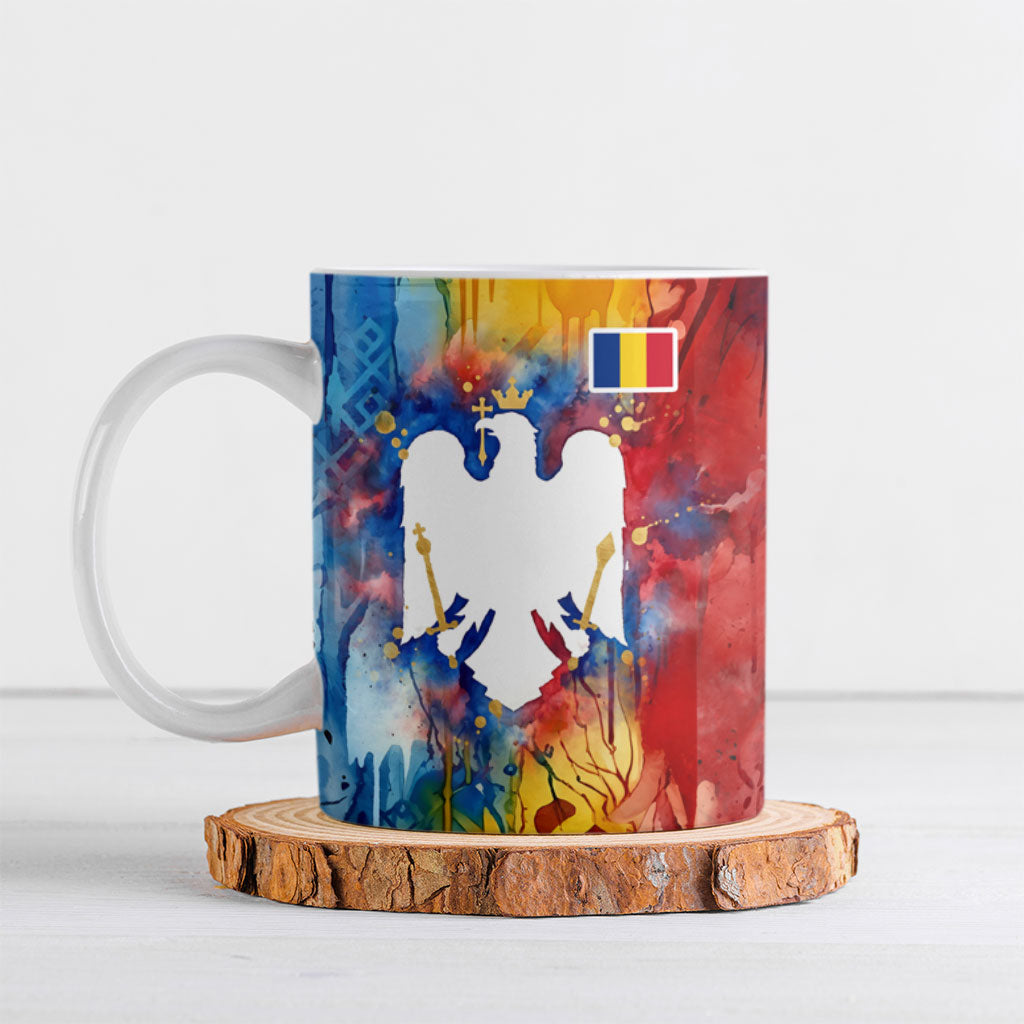 Romania We Are Free Eagle Ceramic Mug Romanian Flag Broken Chains - Watercolor Style