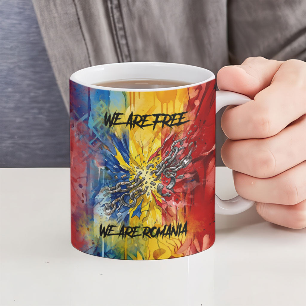 Romania We Are Free Eagle Ceramic Mug Romanian Flag Broken Chains - Watercolor Style