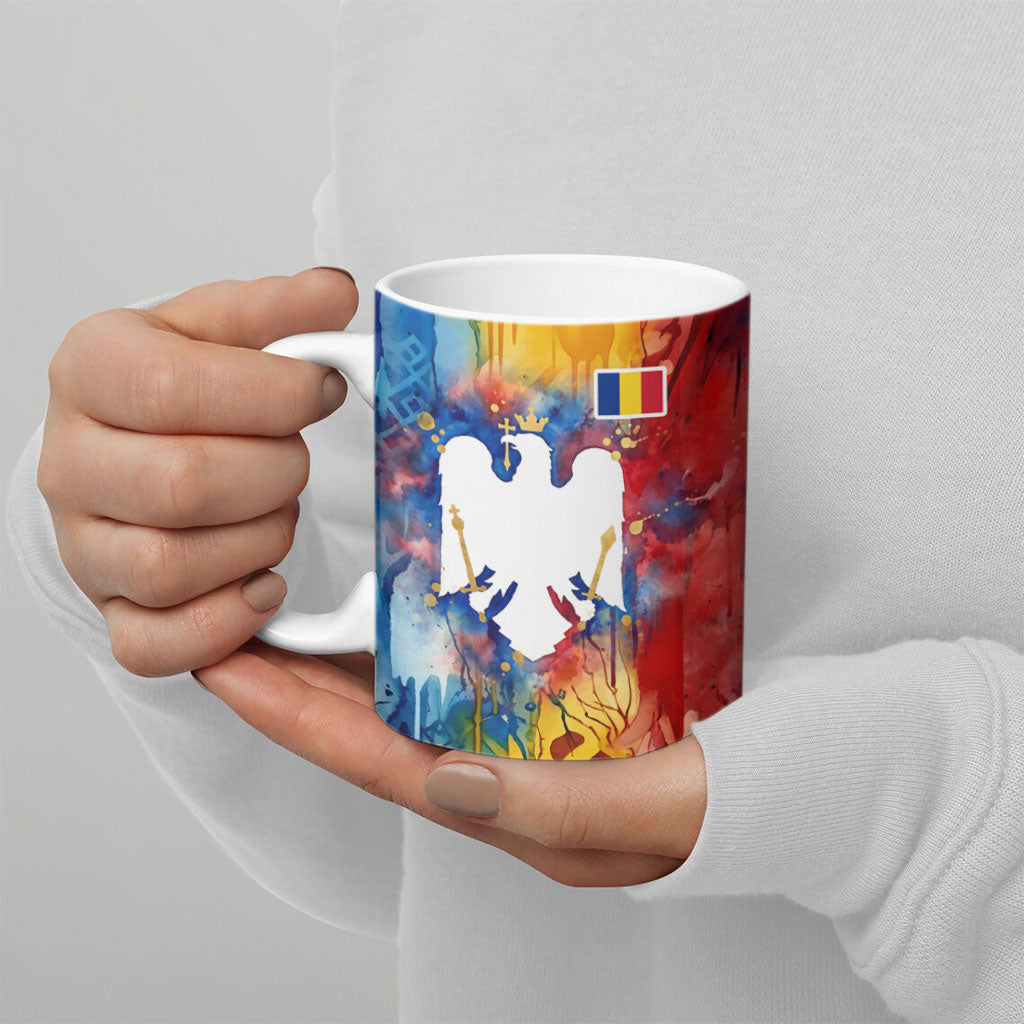 Romania We Are Free Eagle Ceramic Mug Romanian Flag Broken Chains - Watercolor Style