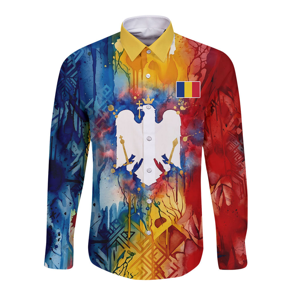 Romania We Are Free Eagle Long Sleeve Button Shirt Romanian Flag Broken Chains - Watercolor Style
