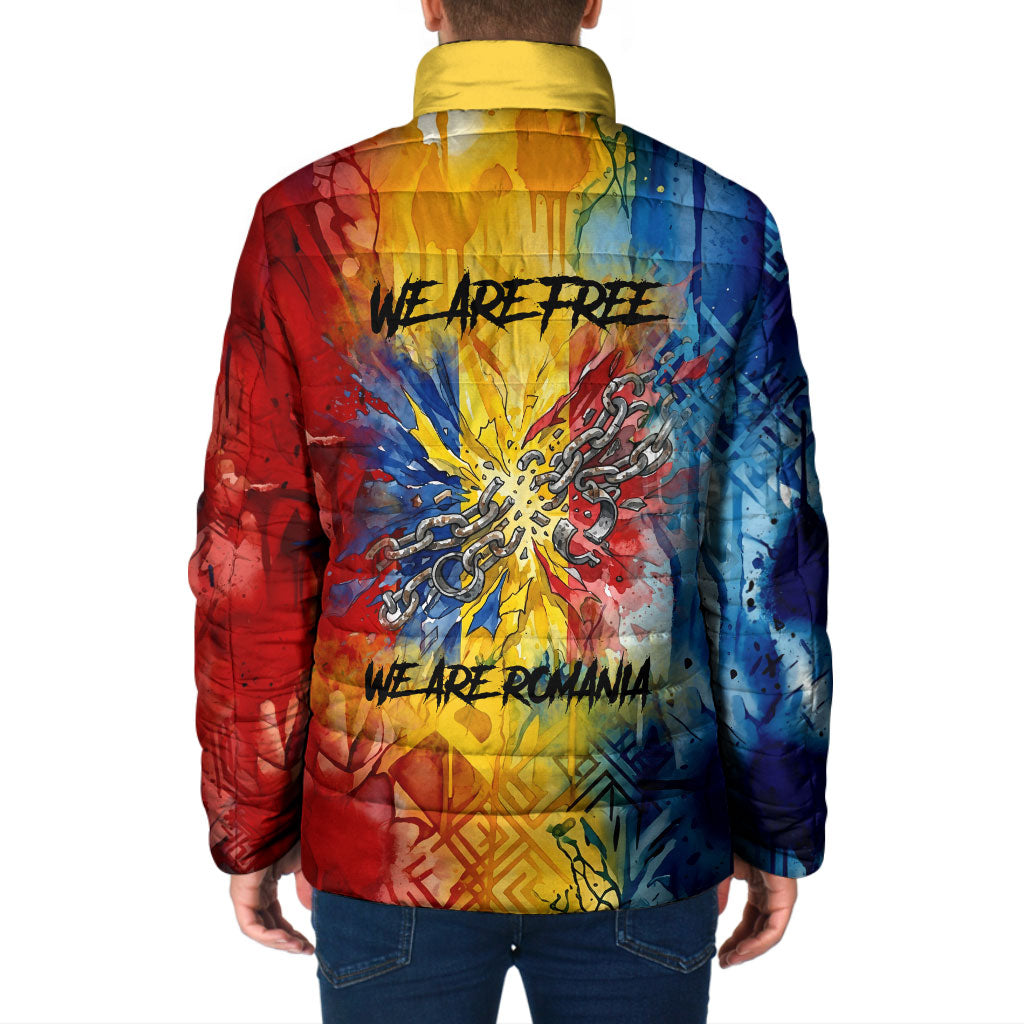 Romania We Are Free Eagle Padded Jacket Romanian Flag Broken Chains - Watercolor Style