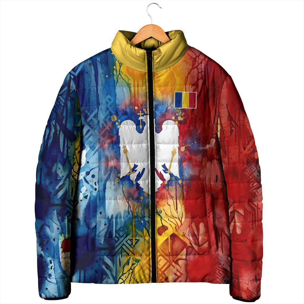 Romania We Are Free Eagle Padded Jacket Romanian Flag Broken Chains - Watercolor Style