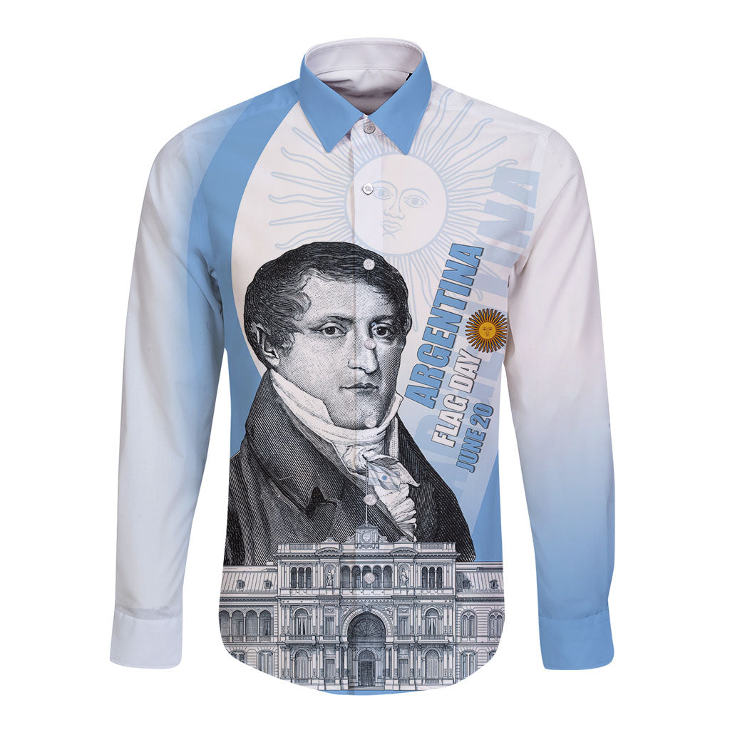 Custom Argentina Manuel Belgrano Long Sleeve Button Shirt Flag Day - Patriotic Sun of May