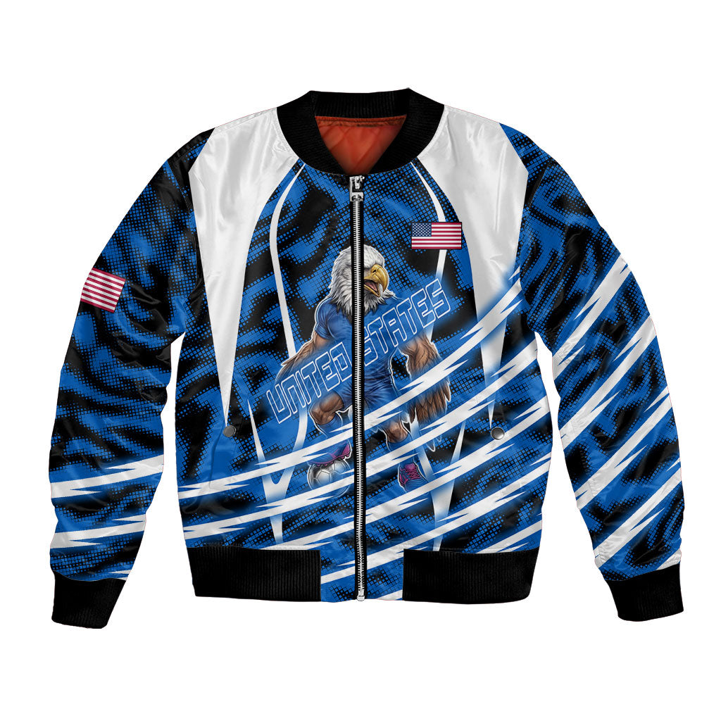 Personalized United States Soccer Bomber Jacket USA Patriotic Eagle Mascot - Blue Geometric
