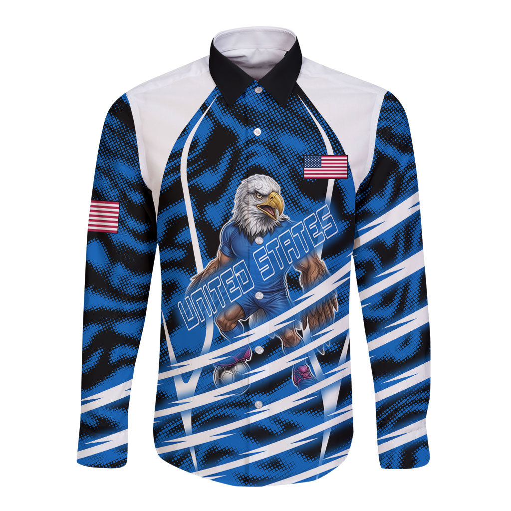 Personalized United States Soccer Long Sleeve Button Shirt USA Patriotic Eagle Mascot - Blue Geometric