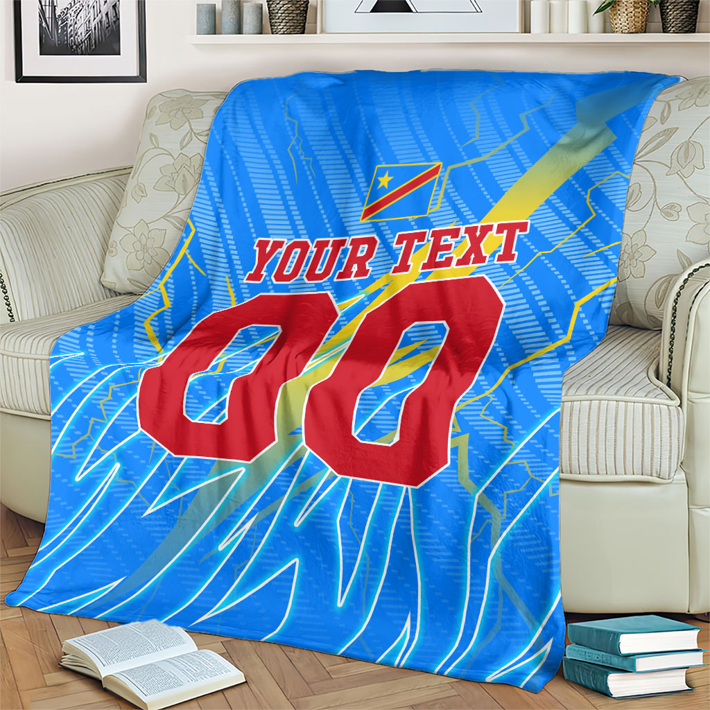 Personalized DR Congo Football Blanket Lightning Leopard National Flag Motif