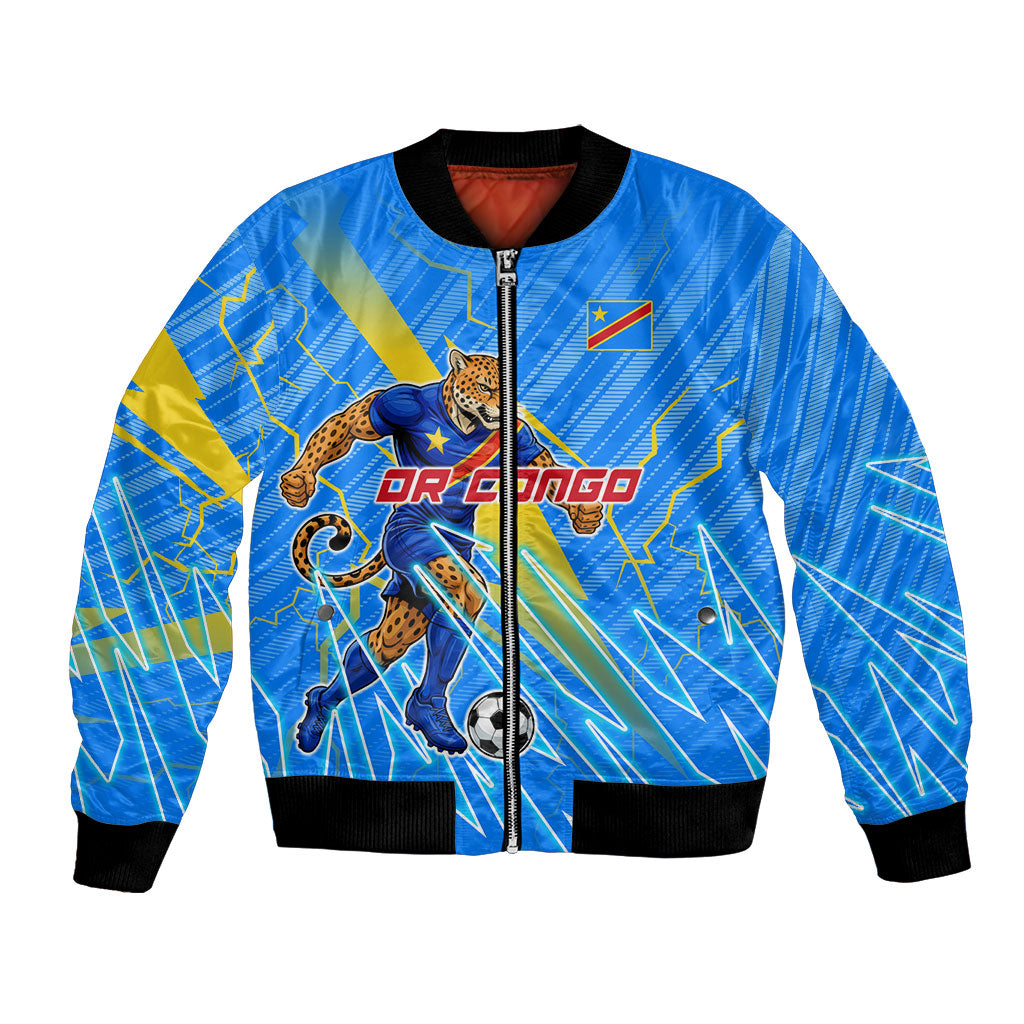 Personalized DR Congo Football Bomber Jacket Lightning Leopard National Flag Motif