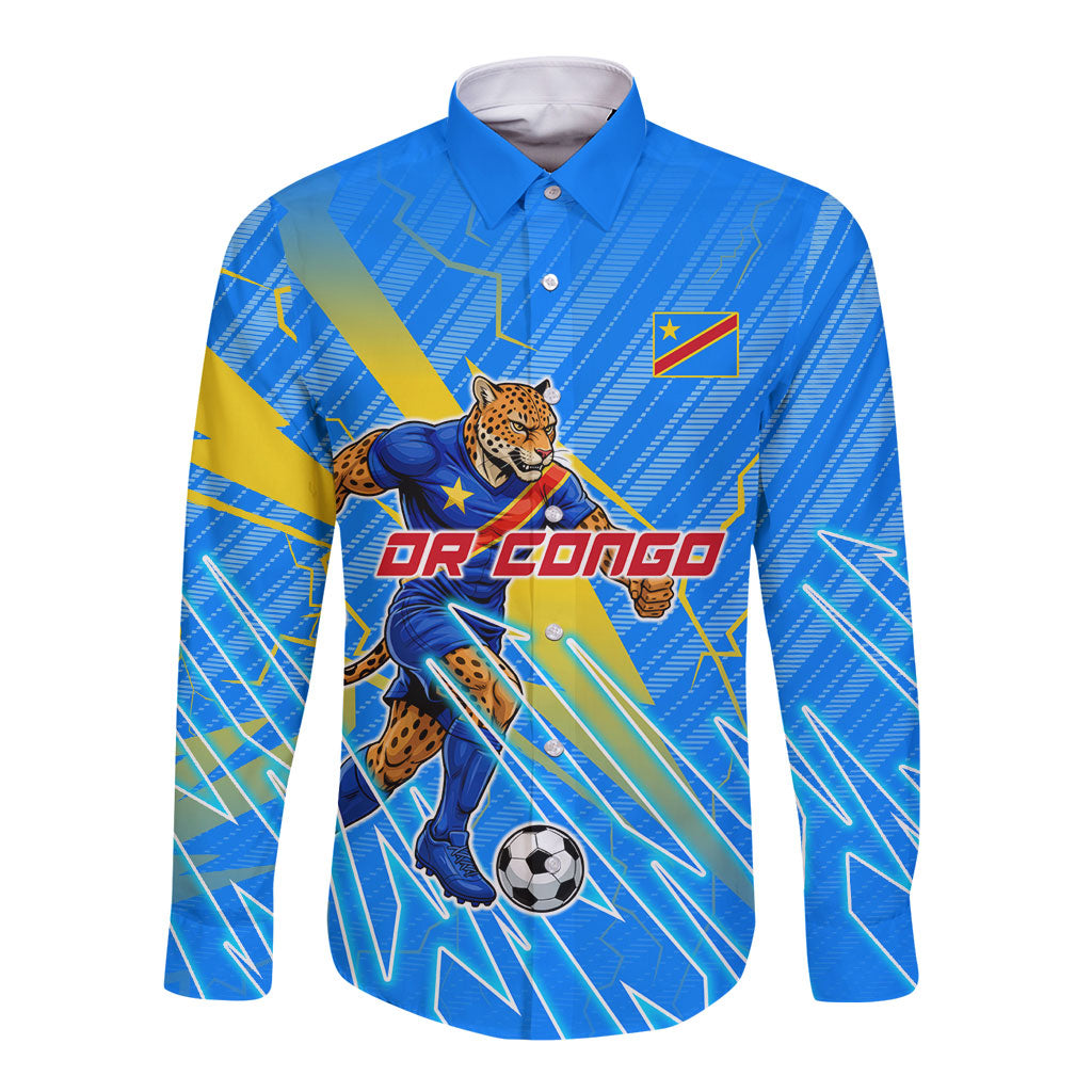 Personalized DR Congo Football Long Sleeve Button Shirt Lightning Leopard National Flag Motif