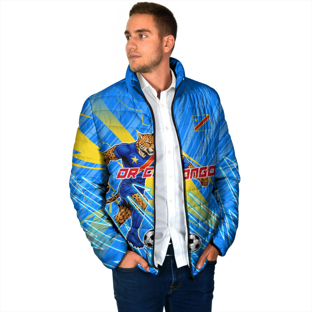 Personalized DR Congo Football Padded Jacket Lightning Leopard National Flag Motif