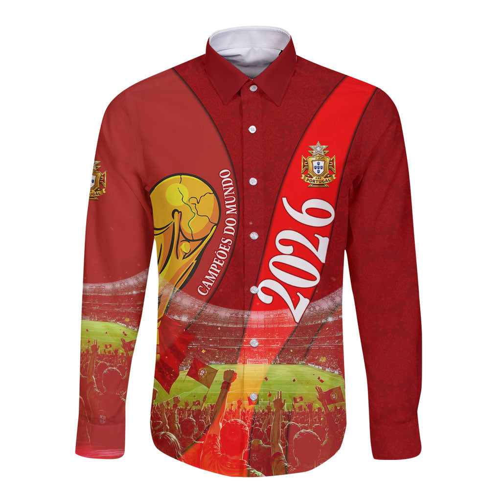 Custom Portugal Football World Champions 2026 Long Sleeve Button Shirt Golden Shield Crown Crest Soccer Trophy