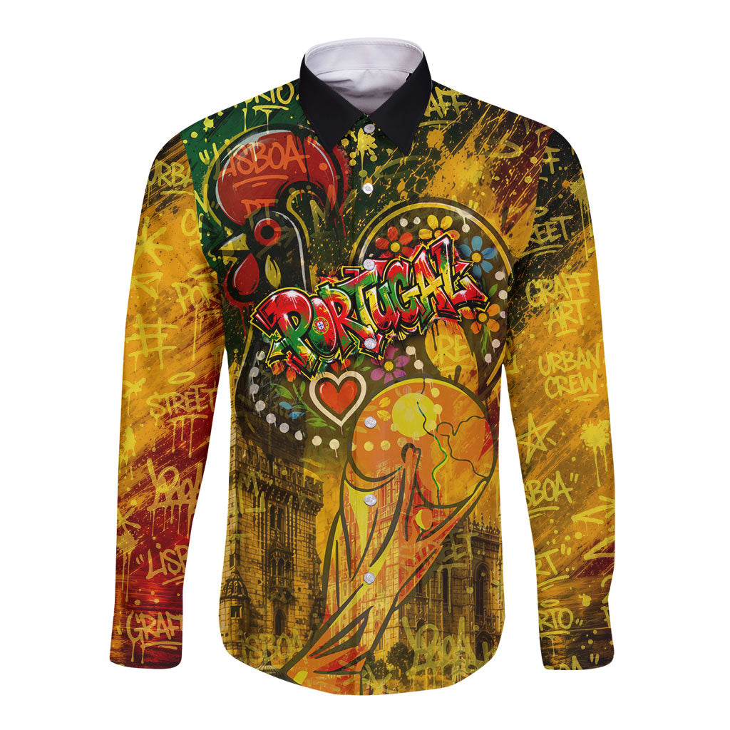 Portugal Football Champions 2026 Long Sleeve Button Shirt Urban Graffiti Street Art Galo De Barcelos