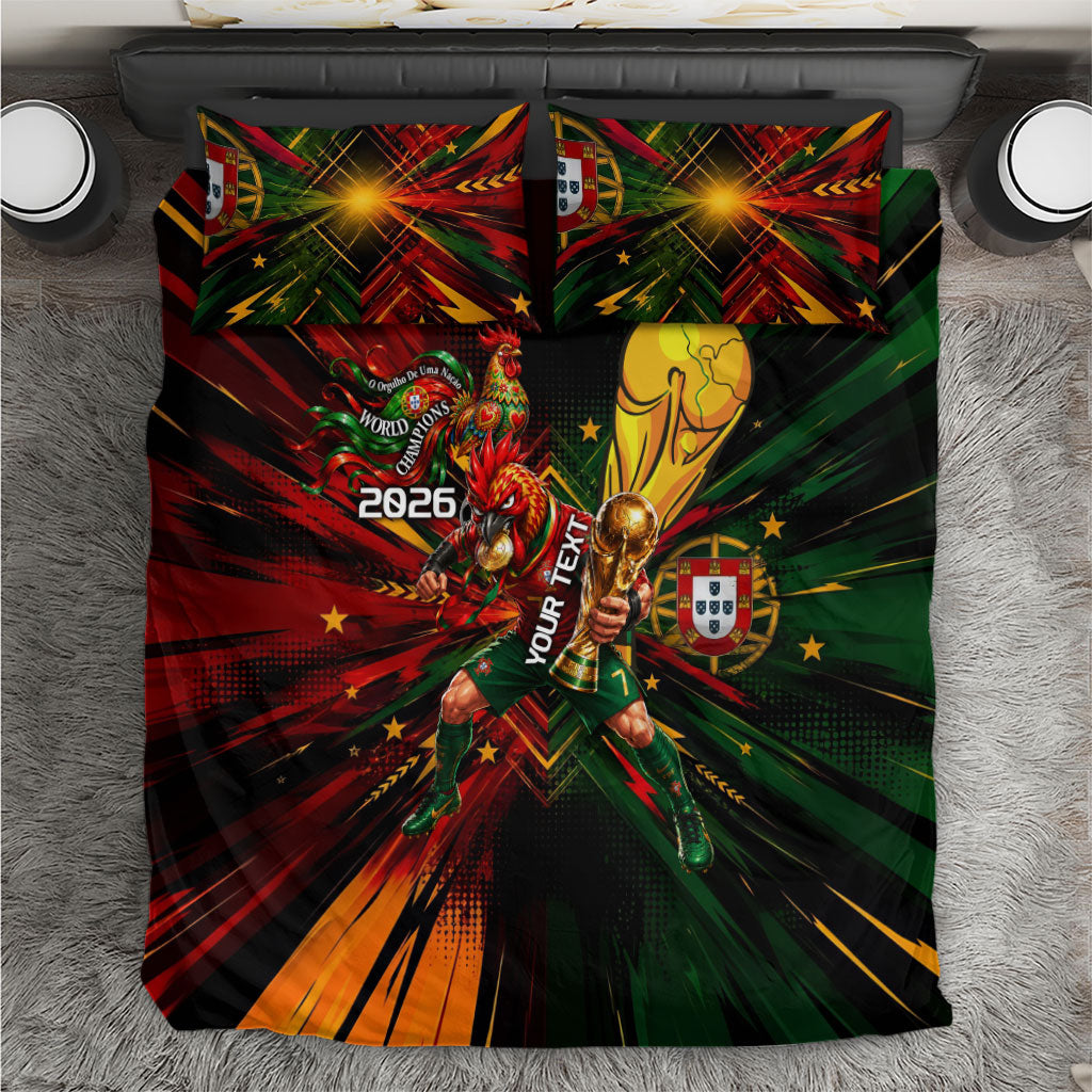 Personalized Portugal Football Champions 2026 Bedding Set Rooster Mascot Comic Trophy Soccer Ball