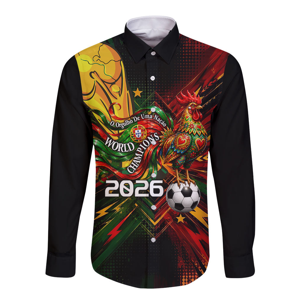 Personalized Portugal Football Champions 2026 Long Sleeve Button Shirt Rooster Mascot Comic Trophy Soccer Ball