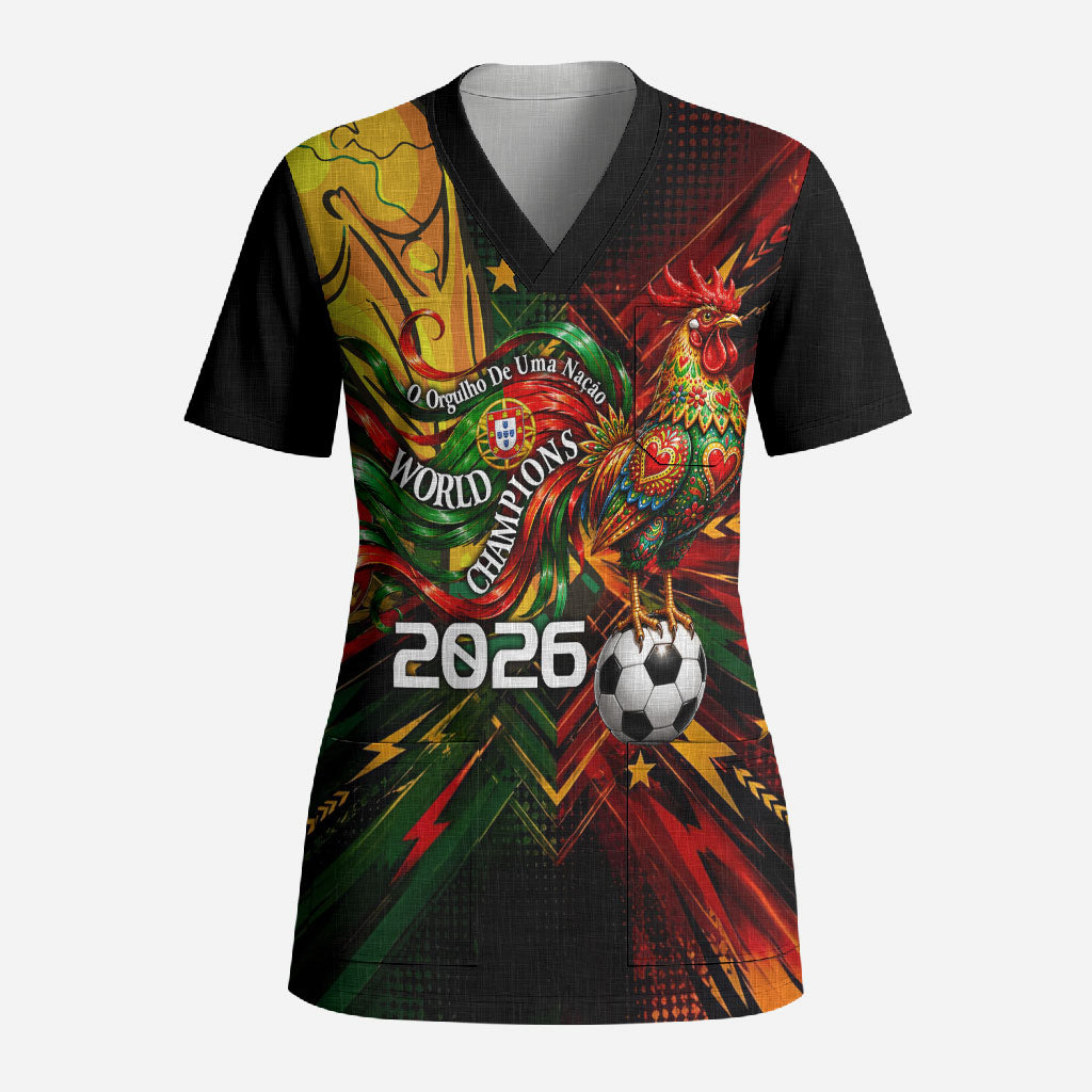 Personalized Portugal Football Champions 2026 Scrub Top Rooster Mascot Comic Trophy Soccer Ball