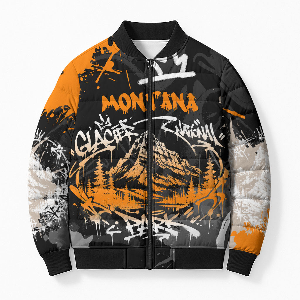 Personalized Montana Glacier National Park Bomber Puffer Jacket Urban Graffiti Street Art Paint Splatter