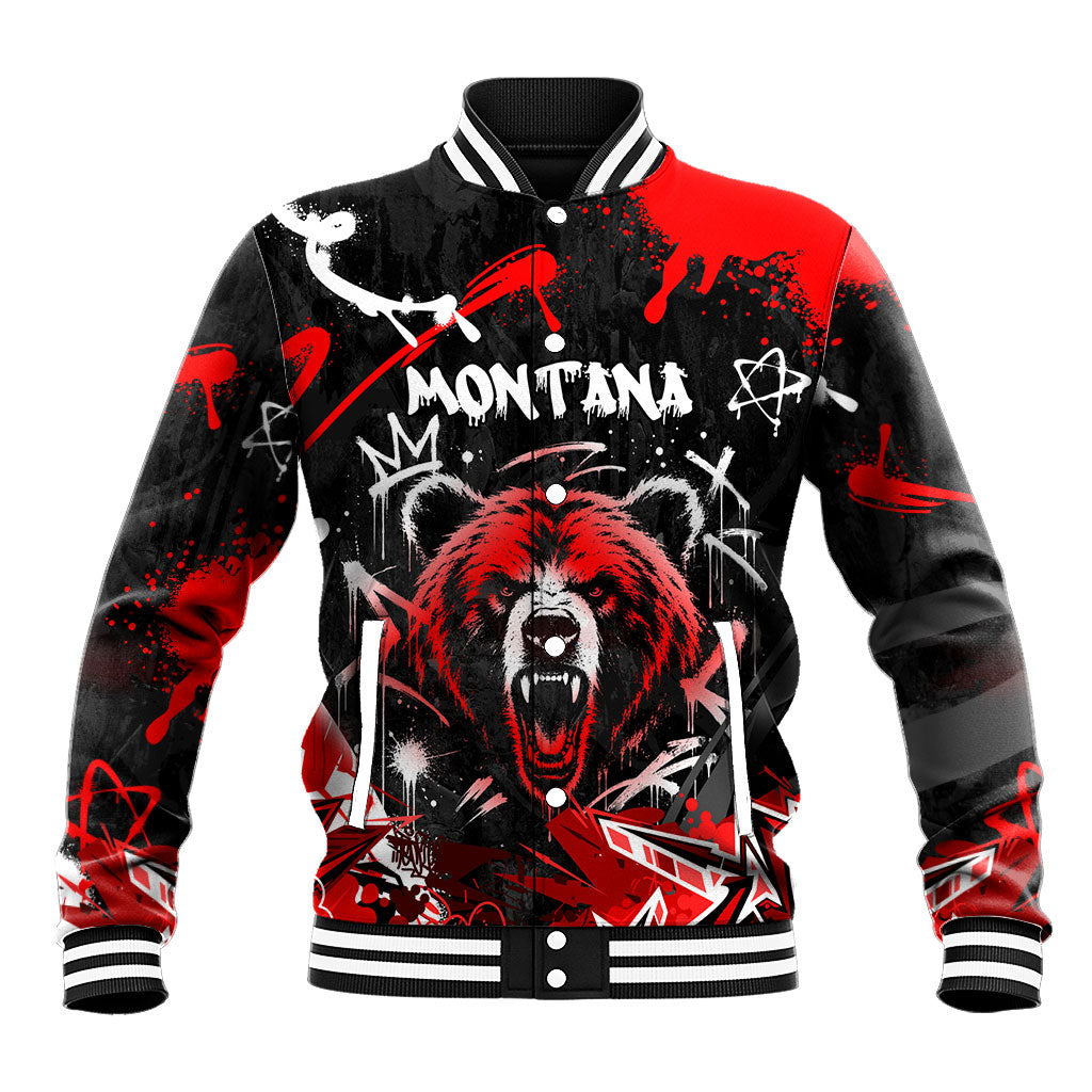 Personalized Montana Grizzly Bear and Bison Baseball Jacket Urban Graffiti Grunge Paint Splatter