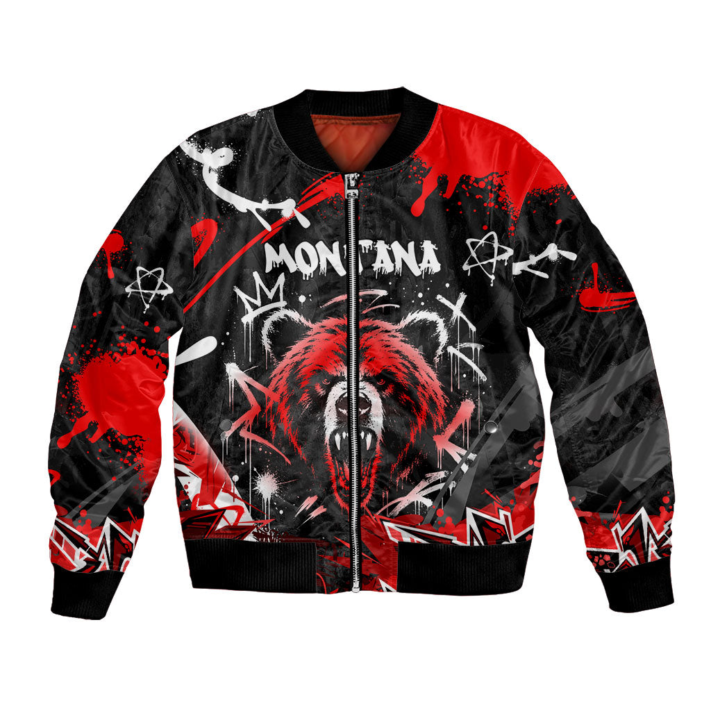 Personalized Montana Grizzly Bear and Bison Bomber Jacket Urban Graffiti Grunge Paint Splatter