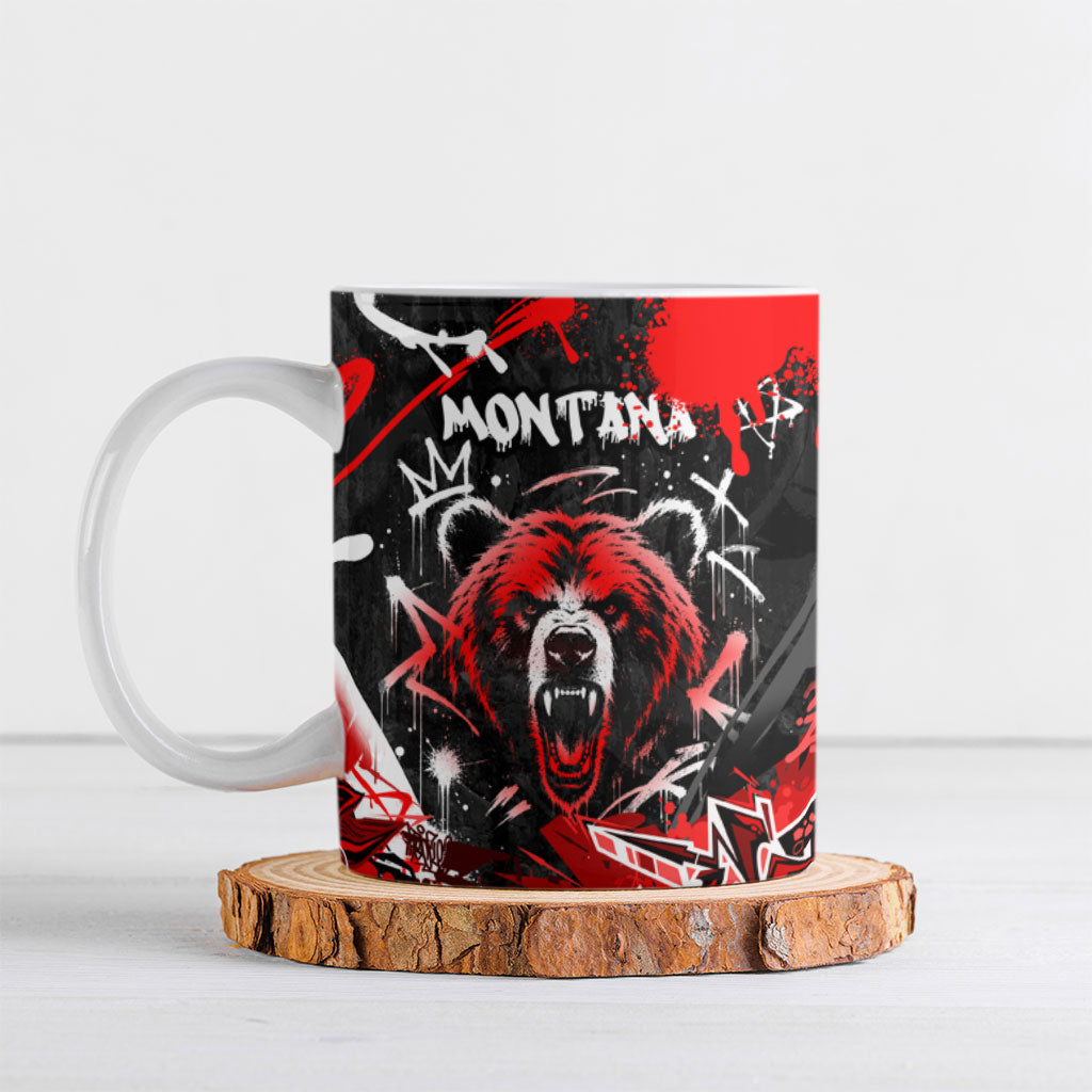 Personalized Montana Grizzly Bear and Bison Ceramic Mug Urban Graffiti Grunge Paint Splatter
