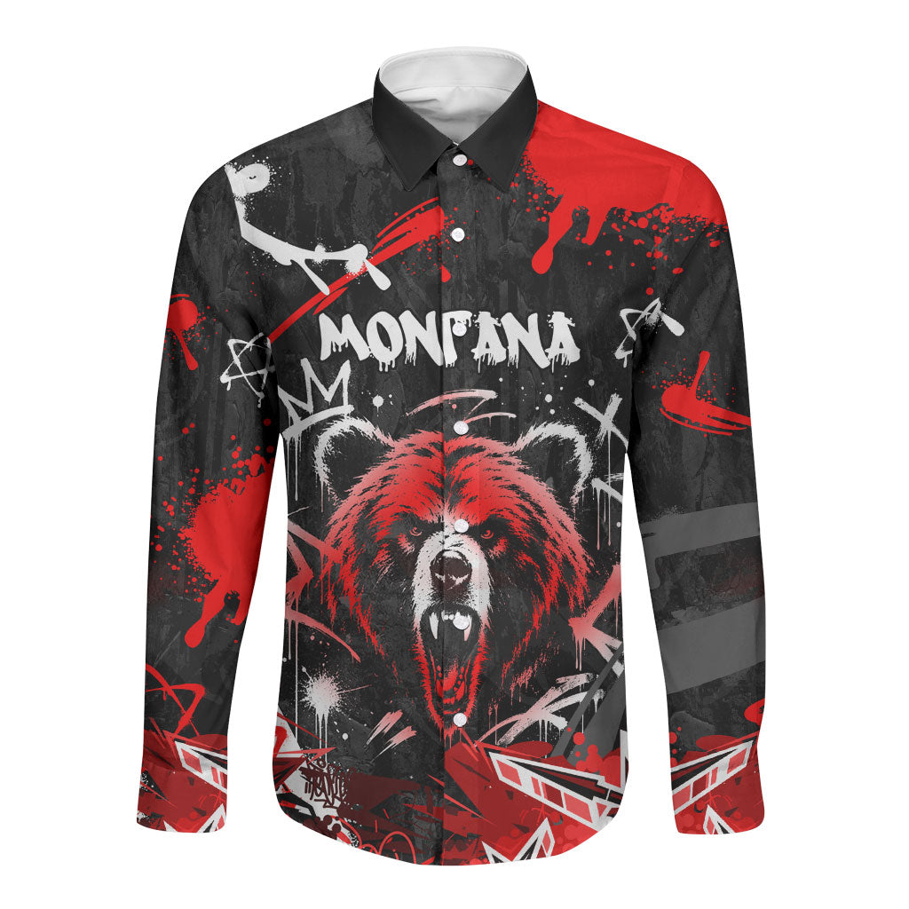 Personalized Montana Grizzly Bear and Bison Long Sleeve Button Shirt Urban Graffiti Grunge Paint Splatter