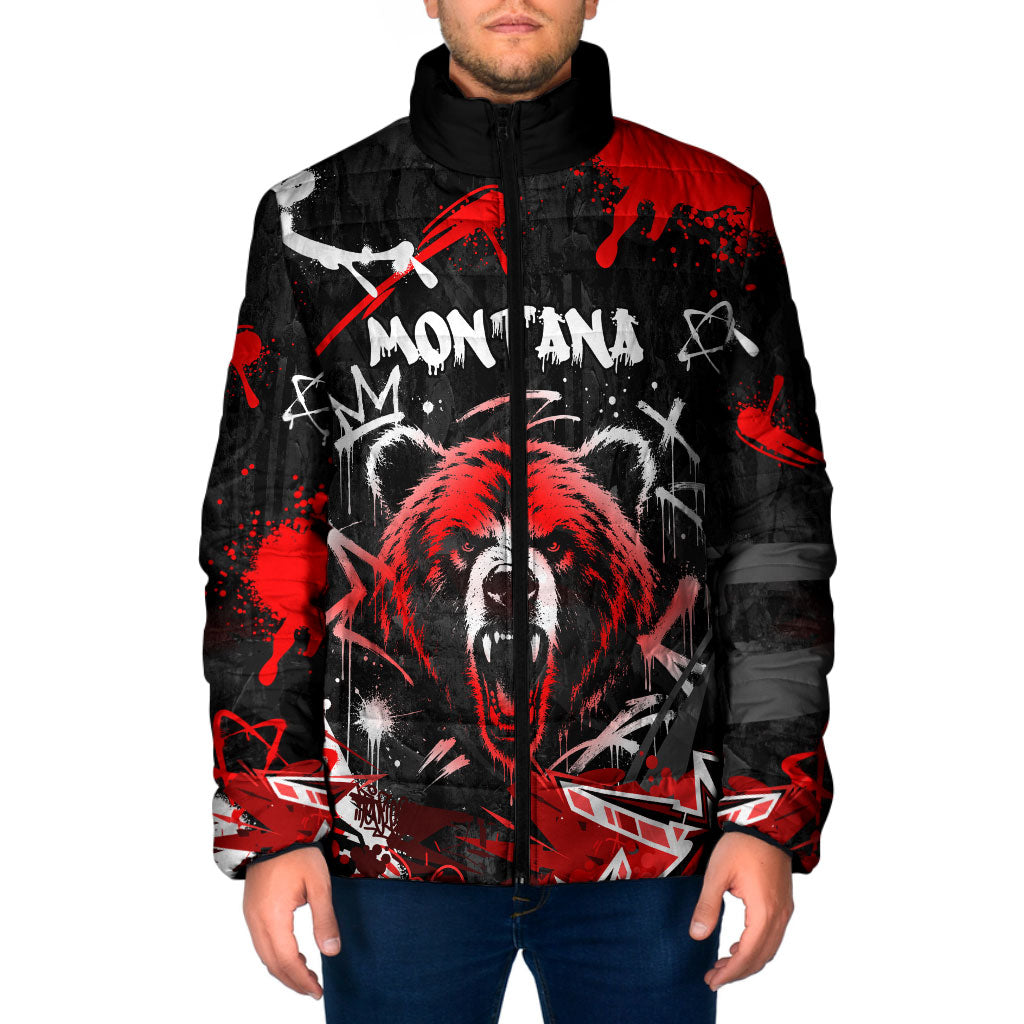 Personalized Montana Grizzly Bear and Bison Padded Jacket Urban Graffiti Grunge Paint Splatter
