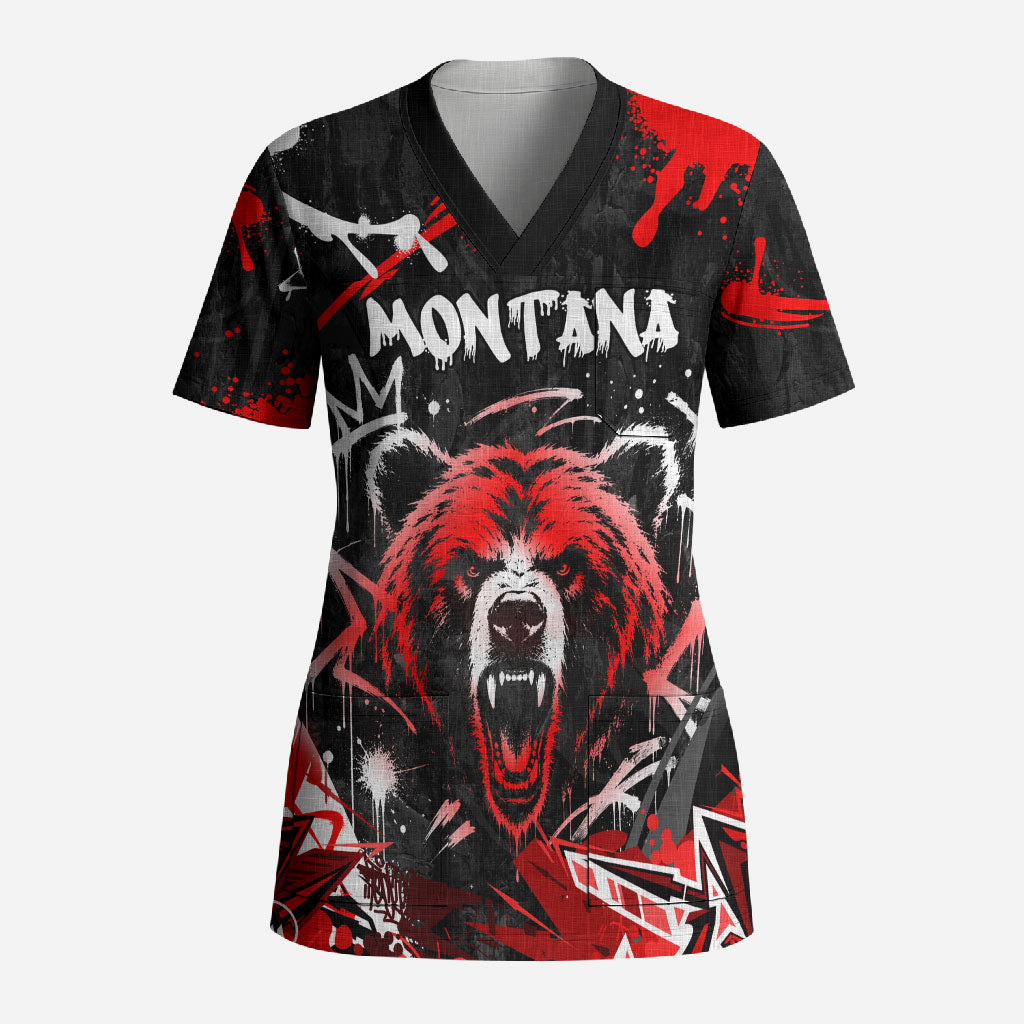 Personalized Montana Grizzly Bear and Bison Scrub Top Urban Graffiti Grunge Paint Splatter