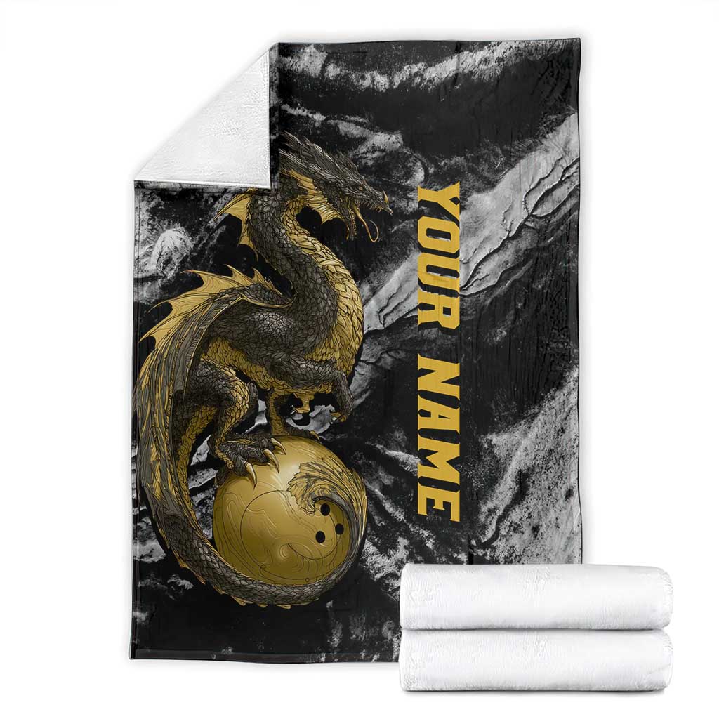 Golden Dragon and Bowling Ball Design Blanket with Marble Stone Texture and Custom Team Name Text - Wonder Print Shop