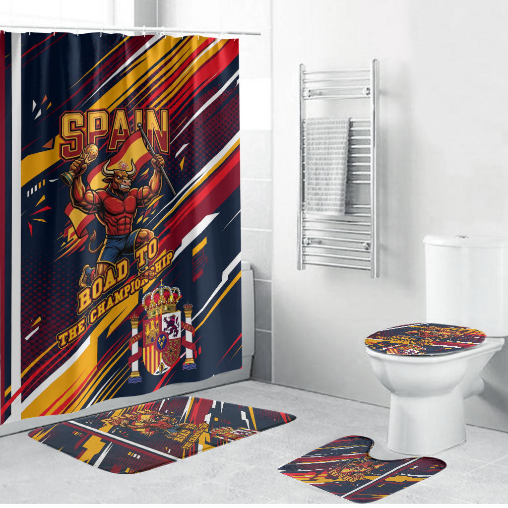 Spain Football Road To Championship Bathroom Set Bull Mascot Flying Soccer Ball - Dynamic Speed Stripes